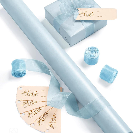 Vitalizart Pearly Wrapping Paper Set 17" × 197" w/ Satin Ribbon & Tags – Baby Blue - Vitalizart