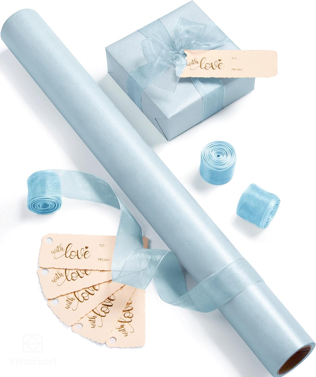 Vitalizart Pearly Wrapping Paper Set 17" × 197" w/ Satin Ribbon & Tags – Baby Blue - Vitalizart