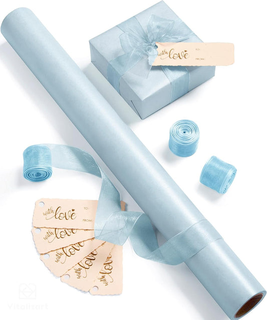 Vitalizart Pearly Wrapping Paper Set 17" × 197" w/ Satin Ribbon & Tags – Baby Blue - Vitalizart
