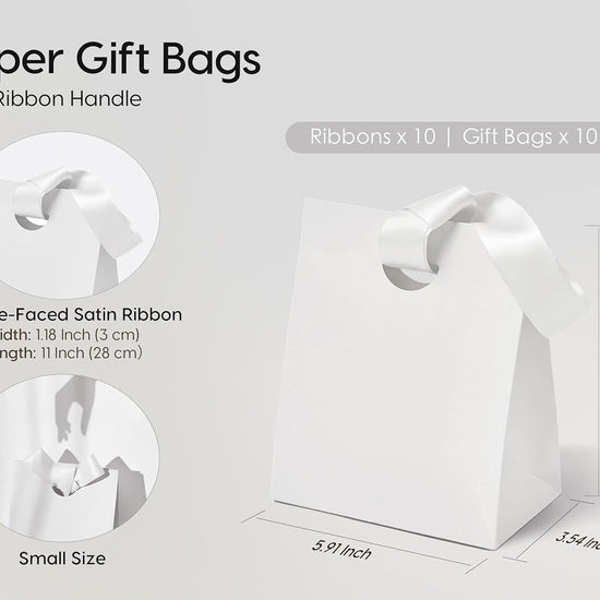 VITALIZART PAPER GIFT BAGS WITH RIBBON HANDLES SET OF 10 RED BULK REUSABLE FOR GIFT WRAP 5.91"X3.54"X7.28" SMALL (WHITE COLOR) - Vitalizart
