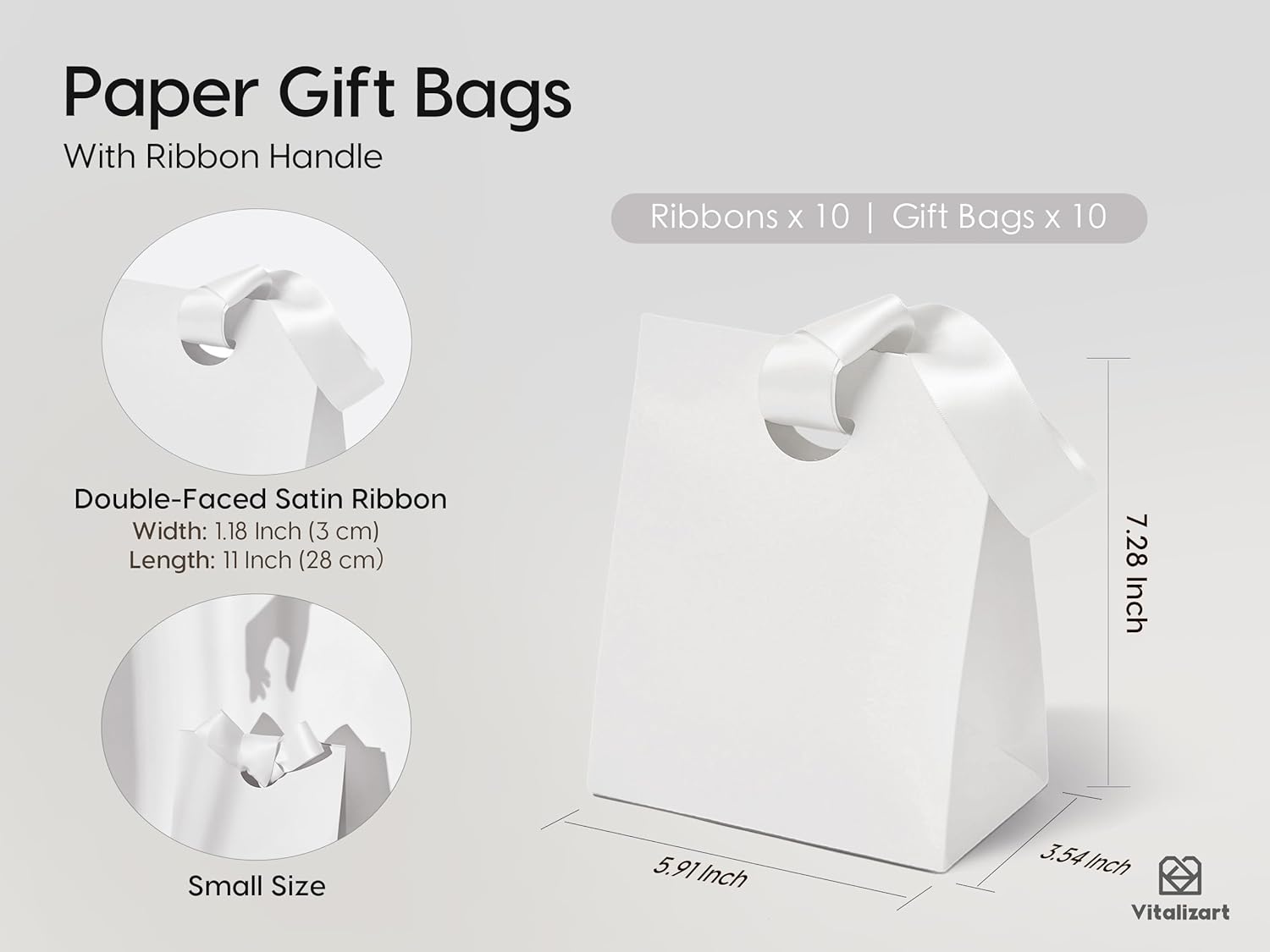 VITALIZART PAPER GIFT BAGS WITH RIBBON HANDLES SET OF 10 RED BULK REUSABLE FOR GIFT WRAP 5.91"X3.54"X7.28" SMALL (WHITE COLOR) - Vitalizart
