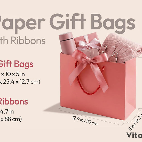 Vitalizart Paper Gift Bags With Ribbon Handles Set of 4 Pink Bulk Reusable For Gift Wrap 13" x10"x5"Large Size(Pink & Cream) - Vitalizart