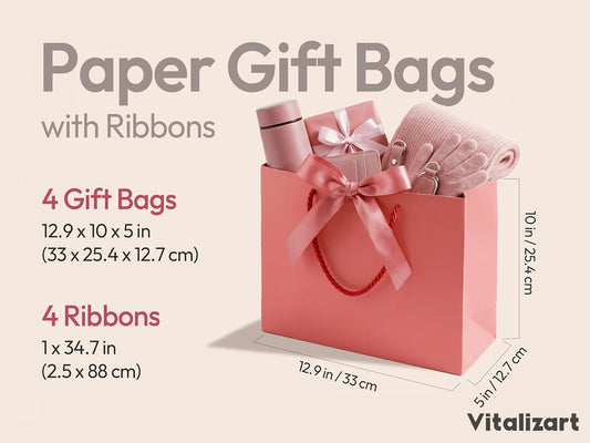 Vitalizart Paper Gift Bags With Ribbon Handles Set of 4 Pink Bulk Reusable For Gift Wrap 13" x10"x5"Large Size(Pink & Cream) - Vitalizart