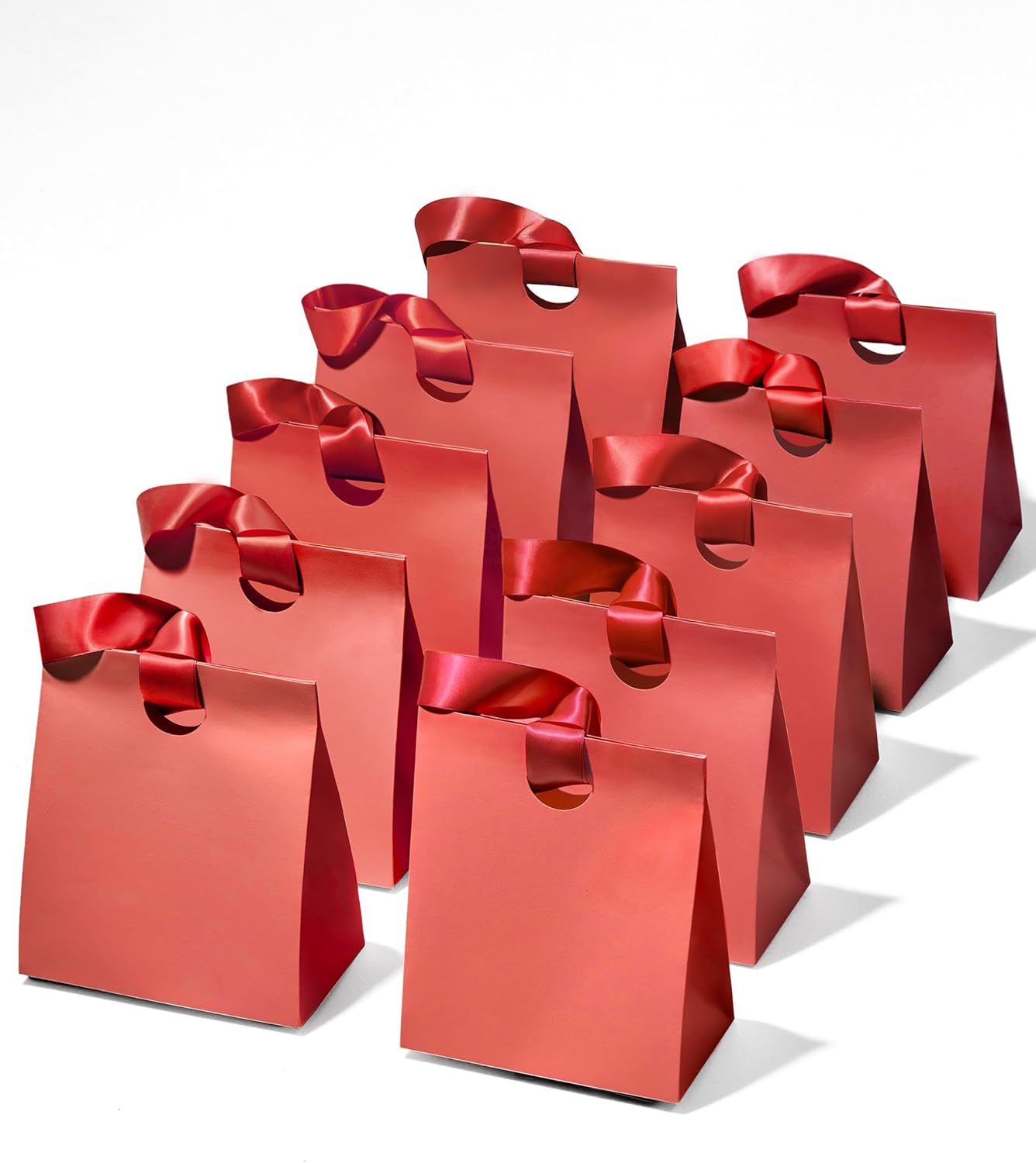 Vitalizart Paper Gift Bags With Ribbon Handles Set of 10 Red Bulk Reusable For Gift Wrap 5.91"x3.54"x7.28" Small (Red color) - Vitalizart