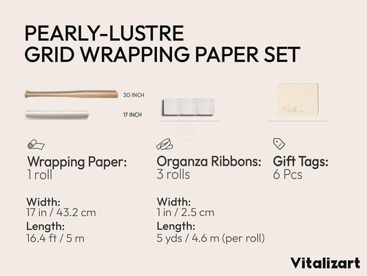 Vitalizart White Metallic Grid Wrapping Paper Set 17" With Organza Ribbon & Gift Tags 197"(16.4 Ft) White Ribbon - Vitalizart