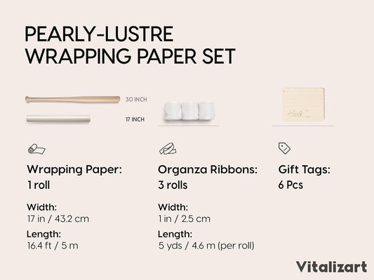 Vitalizart Pearly Wrapping Paper Set 17" × 197" w/ Satin Ribbon & Tags – White - Vitalizart