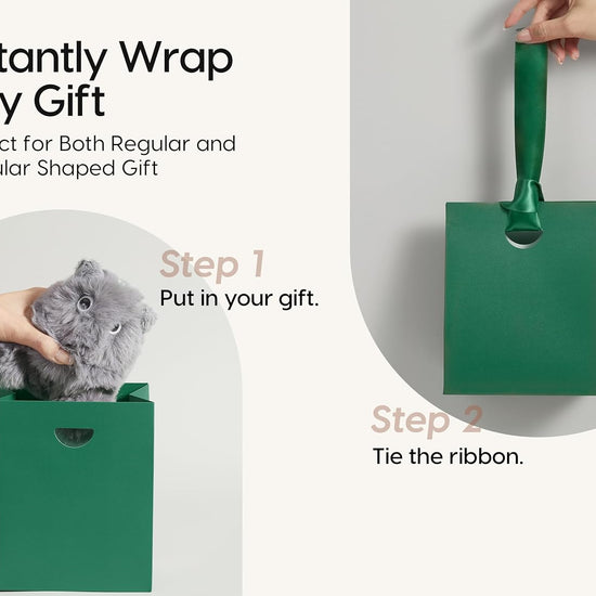 VITALIZART PAPER GIFT BAGS WITH RIBBON HANDLES SET OF 10 RED BULK REUSABLE FOR GIFT WRAP 5.91"X3.54"X7.28" SMALL (GREEN COLOR) - Vitalizart