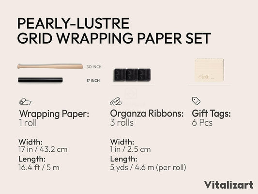 Vitalizart White Metallic Grid Wrapping Paper Set 17" With Organza Ribbon & Gift Tags 197"(16.4 Ft) White Ribbon - Vitalizart