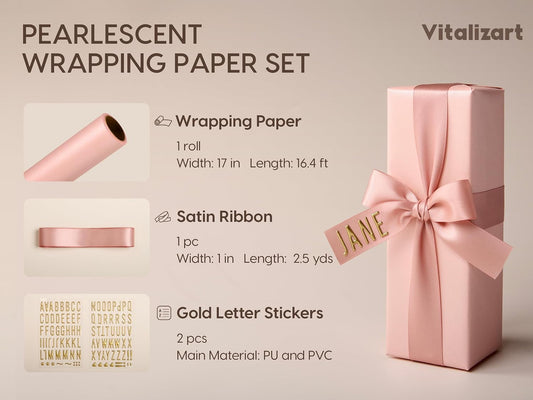 Vitalizart Pearlescent Holographic Wrapping Paper Set with Silky Satin Ribbon – Pink Paper & Pink RIbbons - Vitalizart