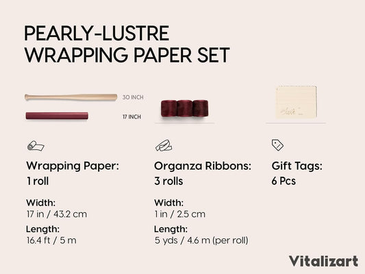 Vitalizart Pearly Wrapping Paper Set 17" × 197" w/ Satin Ribbon & Tags – Burgundy Red - Vitalizart