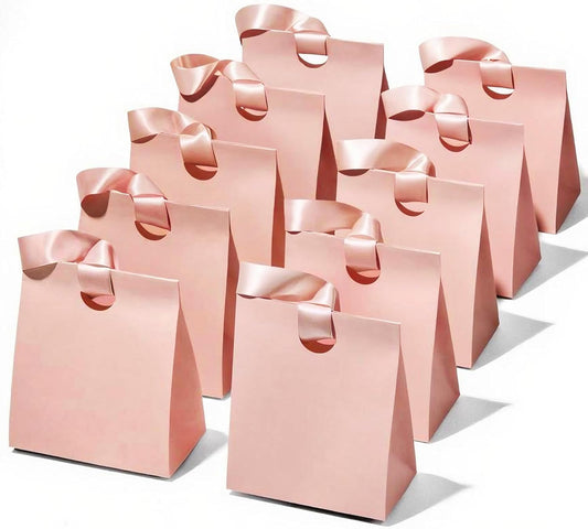 VITALIZART PAPER GIFT BAGS WITH RIBBON HANDLES SET OF 10 RED BULK REUSABLE FOR GIFT WRAP 5.91"X3.54"X7.28" SMALL (Pink COLOR)