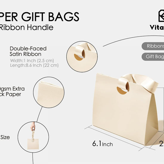 Vitalizart Paper Gift Bags With Ribbon Handles Set of 10 Black Bulk Reusable For Gift Wrap Girls Kids Birthday Bridal Shower Party Favors Goodie Bags Candy Christmas 6.1"x2.95"x5.71" Mini(Cream White) - Vitalizart