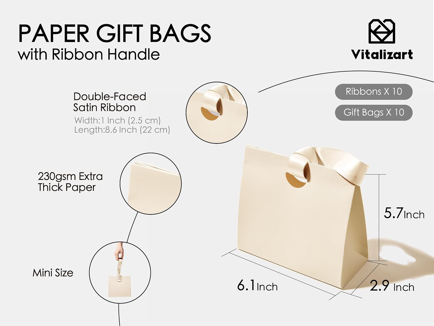 Vitalizart Paper Gift Bags With Ribbon Handles Set of 10 Black Bulk Reusable For Gift Wrap Girls Kids Birthday Bridal Shower Party Favors Goodie Bags Candy Christmas 6.1"x2.95"x5.71" Mini(Cream White) - Vitalizart