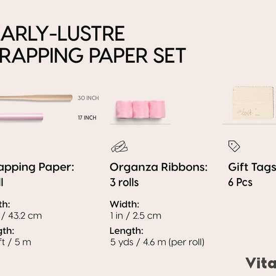 Vitalizart Pearly Wrapping Paper Set 17" × 197" w/ Satin Ribbon & Tags – Blush Pink - Vitalizart