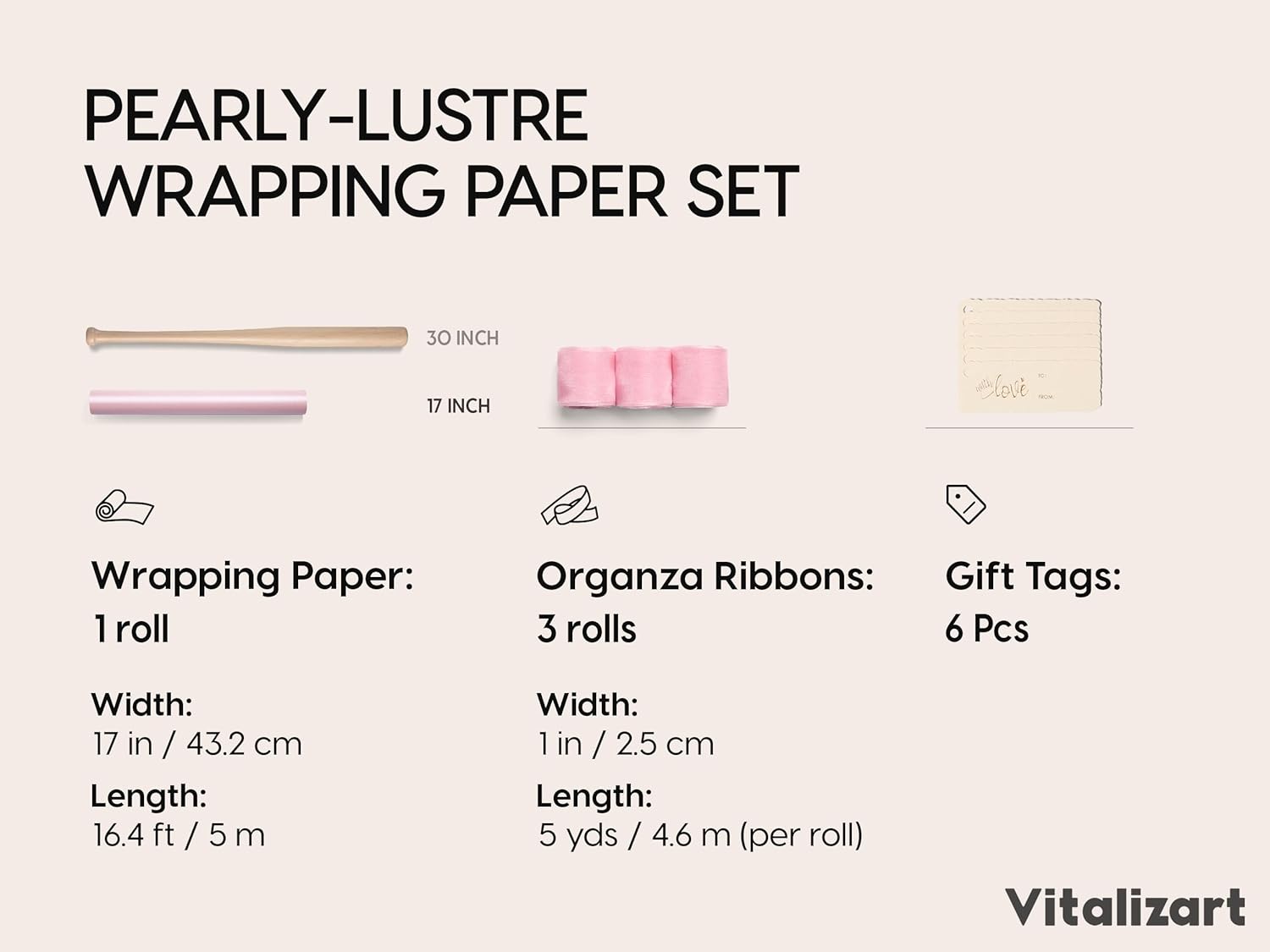Vitalizart Pearly Wrapping Paper Set 17" × 197" w/ Satin Ribbon & Tags – Blush Pink - Vitalizart