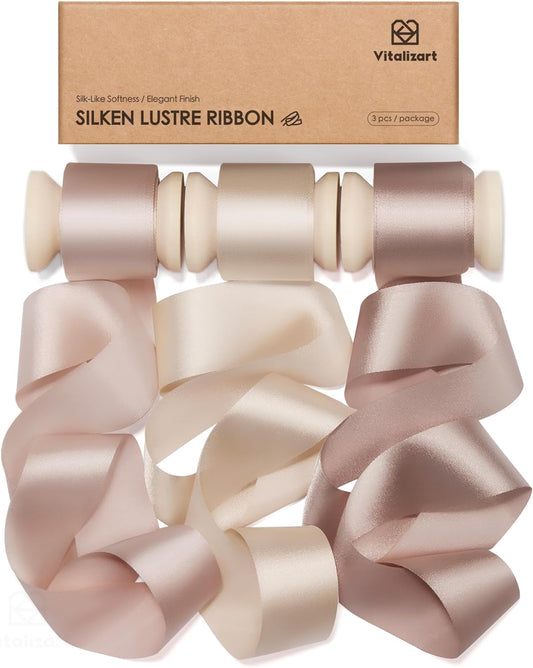Vitalizart Silken Lustre Ribbon 1" x 15 Yards, Champagne & Nude Silky Satin Ribbon with Subtle Sheen (Champagne Nude & Ivory) - Vitalizart