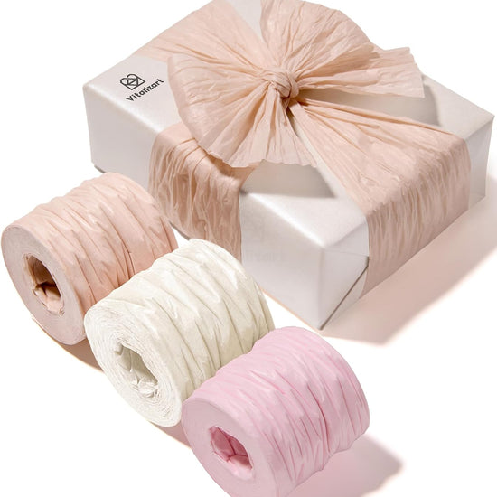 Vitalizart Crinkle Paper Ribbon 1.5" x 75 Yards, Reusable Recyclable Easy Tear (Pink Nude & White) - Vitalizart