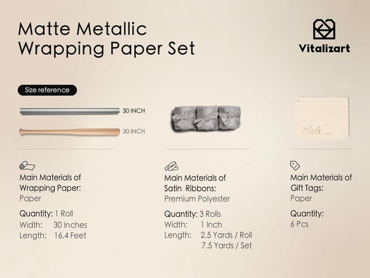 Wrapping Paper Set 30"x197" Matte Metallic With Silk Satin Ribbon & Gift Tags for Baby (Silver Paper & Silver Ribbons)