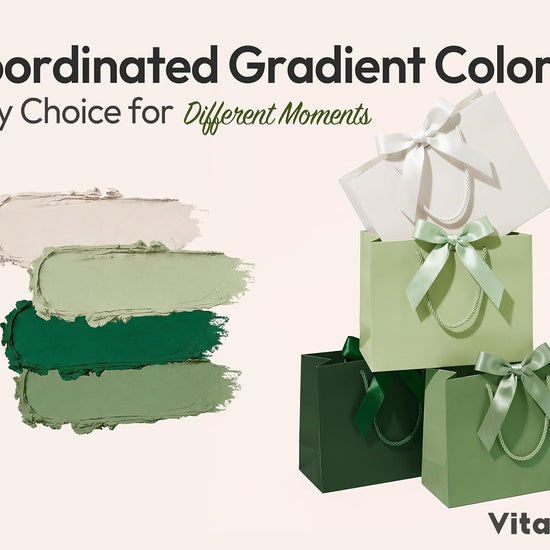 Vitalizart Paper Gift Bags With Ribbon Handles Set of 4 Green Bulk Reusable For Gift Wrap 13" x10"x5"Large Size( Green & Cream) - Vitalizart