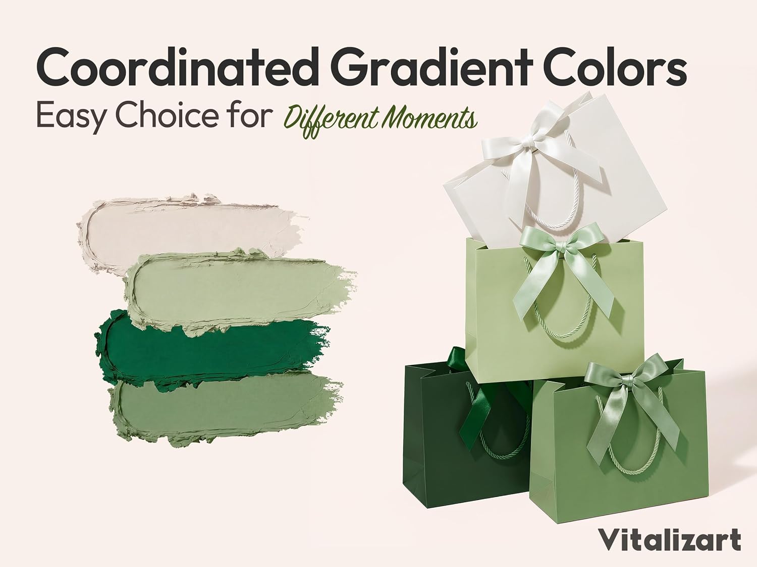Vitalizart Paper Gift Bags With Ribbon Handles Set of 4 Green Bulk Reusable For Gift Wrap 13" x10"x5"Large Size( Green & Cream) - Vitalizart