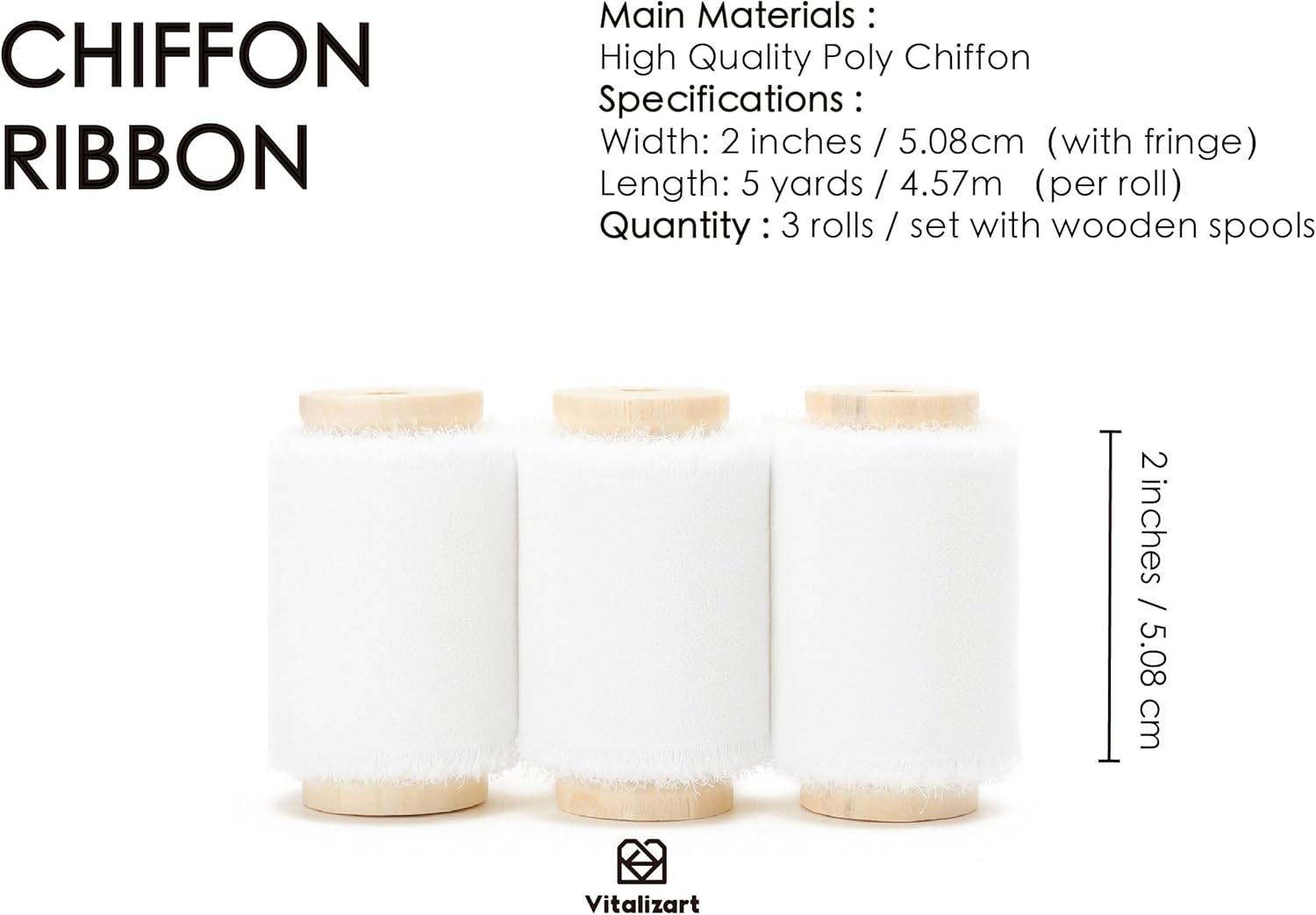 Chiffon Ribbon with Wooden Spool 2" x 15 Yd (White) - Vitalizart