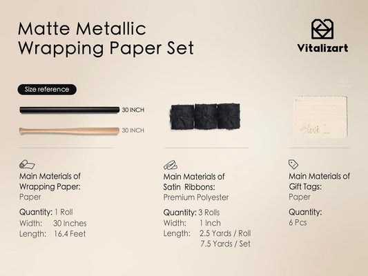 Wrapping Paper Set 30"x197" Matte Metallic With Silk Satin Ribbon & Gift Tags for Baby (Black Paper & Black Ribbons)