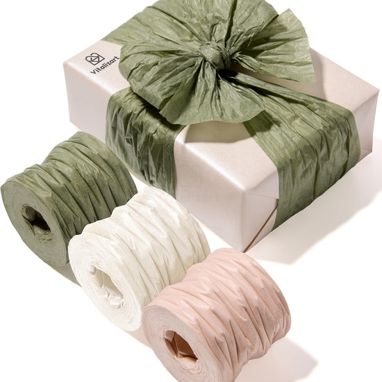 Vitalizart Crinkle Paper Ribbon 1.5" x 75 Yards, Reusable Recyclable Easy Tear (Green Nude & White) - Vitalizart