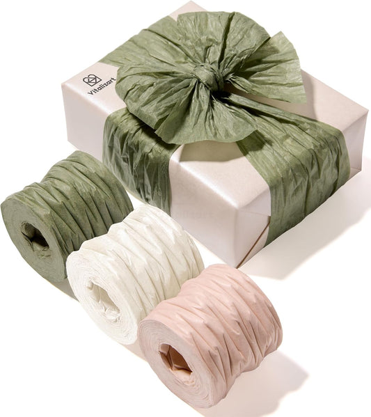 Vitalizart Crinkle Paper Ribbon 1.5" x 75 Yards, Reusable Recyclable Easy Tear (Green Nude & White) - Vitalizart