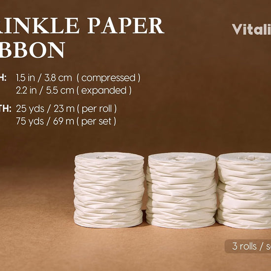 Vitalizart Crinkle Paper Ribbon 1.5" x 75 Yards, Reusable Recyclable Easy Tear(WHITE) - Vitalizart