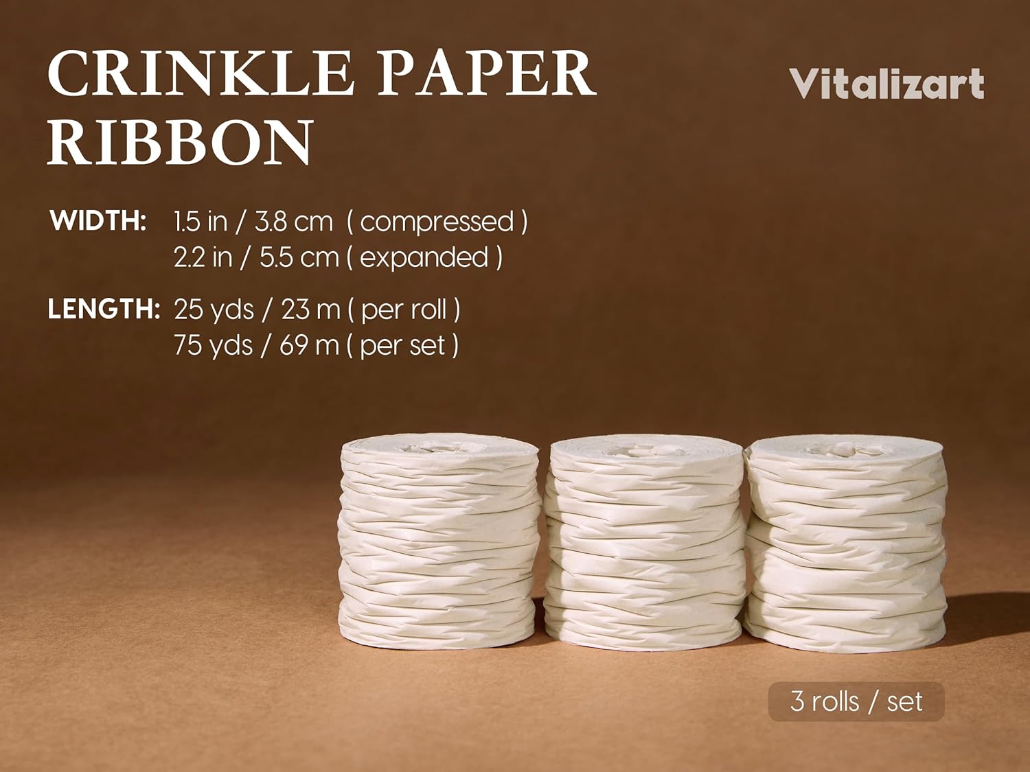 Vitalizart Crinkle Paper Ribbon 1.5" x 75 Yards, Reusable Recyclable Easy Tear(WHITE) - Vitalizart