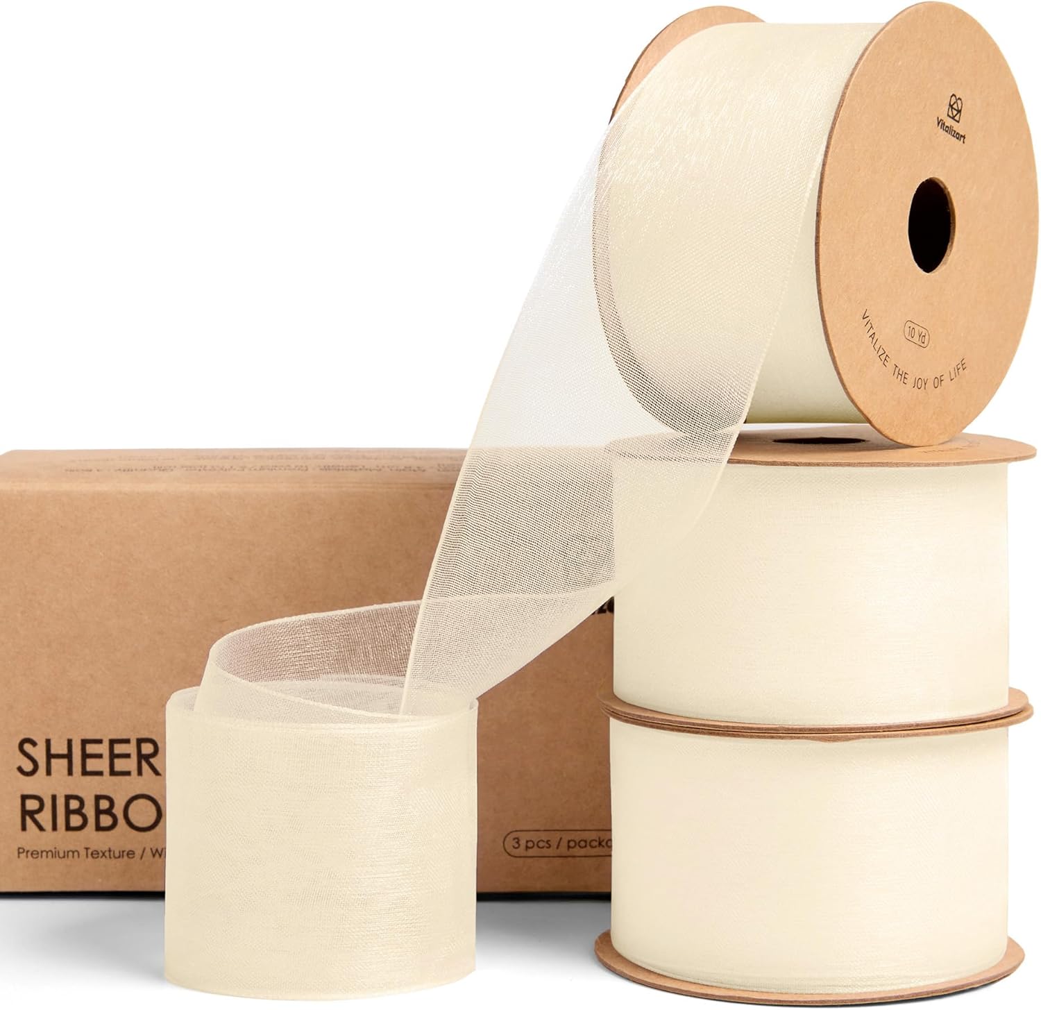 Organza Sheer Ribbon 1.5" x 30 Yd (Cream & White ) - Vitalizart
