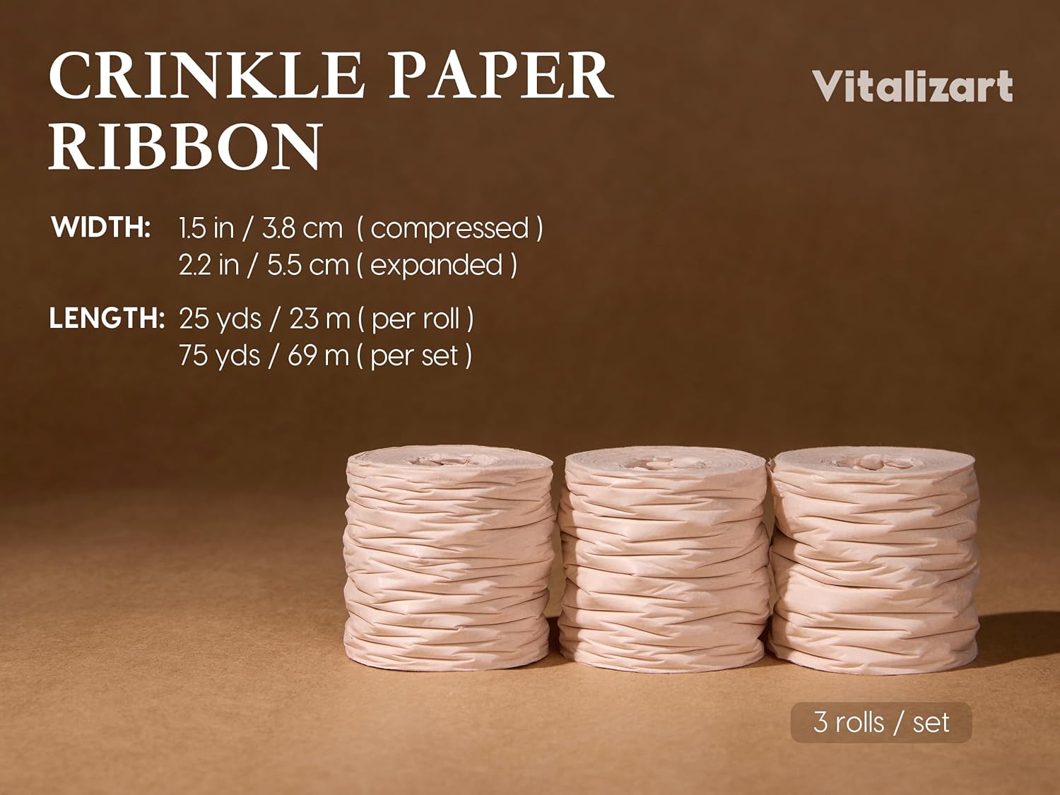 Vitalizart Crinkle Paper Ribbon 1.5" x 75 Yards, Reusable Recyclable Easy Tear(NUDE) - Vitalizart