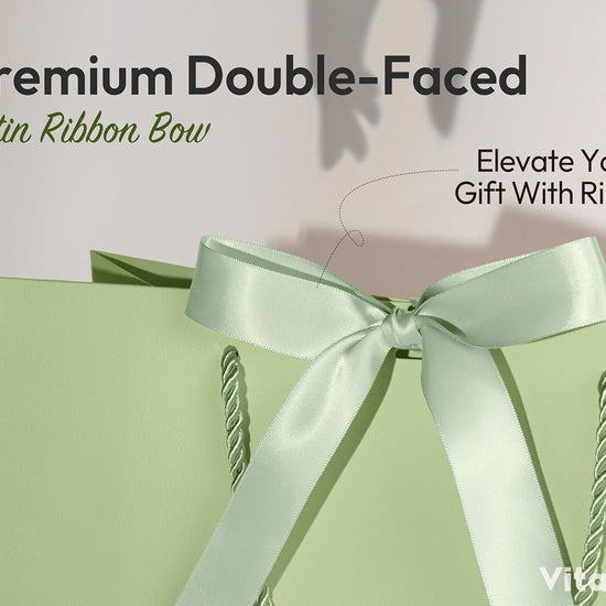 Vitalizart Paper Gift Bags With Ribbon Handles Set of 4 Green Bulk Reusable For Gift Wrap 13" x10"x5"Large Size( Green & Cream) - Vitalizart
