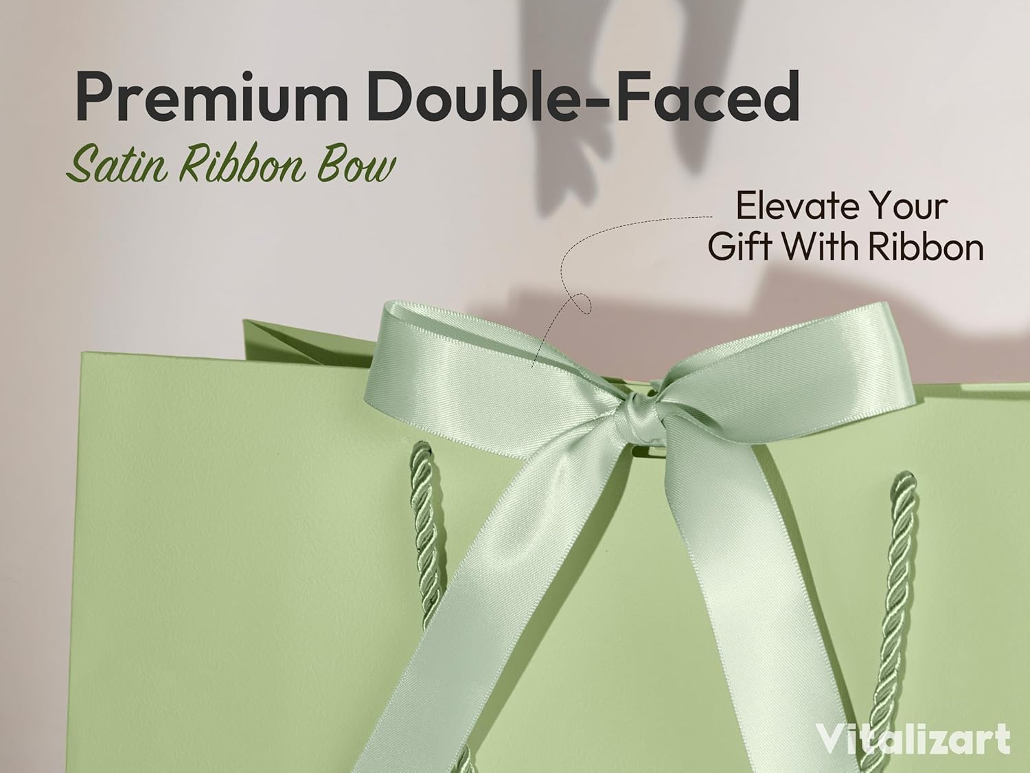 Vitalizart Paper Gift Bags With Ribbon Handles Set of 4 Green Bulk Reusable For Gift Wrap 13" x10"x5"Large Size( Green & Cream) - Vitalizart