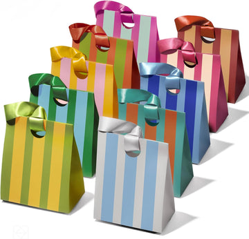 Vitalizart Striped Paper Bags With Ribbon Handles Set of 10 Assorted Colors Bulk Reusable 5.91"x3.54"x7.28" Small Size - Vitalizart