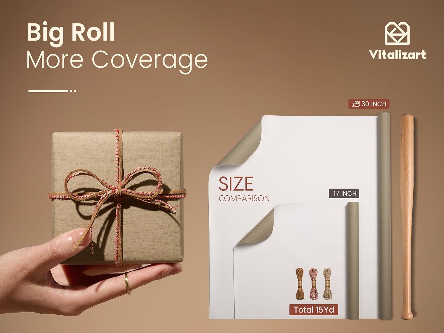 Vitalizart Textured Wrapping Paper Set 30" Roll Twine Ribbons & Tags Eco - Friendly Extra Thick(Beige Brown Paper & Twine Ribbons Set) - Vitalizart