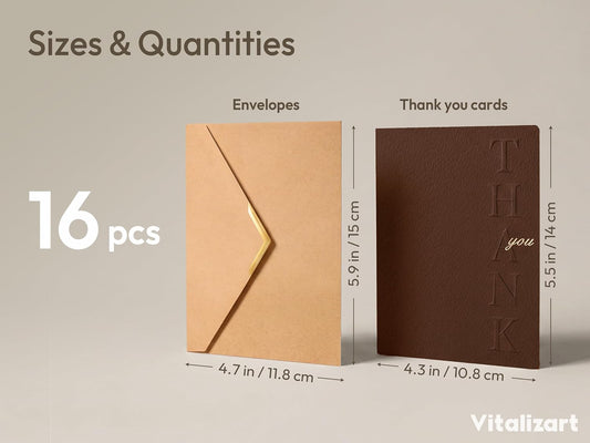 Vitalizart Thank You Cards with Envelopes, 16 Pcs, Thick Textured Cardstock,Brown Embossed Foil-Stamped Blank Cards for Business & Special Occasions - Vitalizart