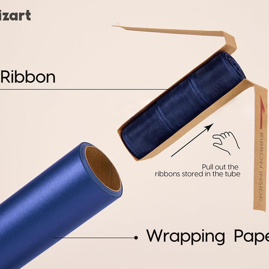 Vitalizart Pearly Wrapping Paper Set 17" × 197" w/ Satin Ribbon & Tags – Navy Blue - Vitalizart