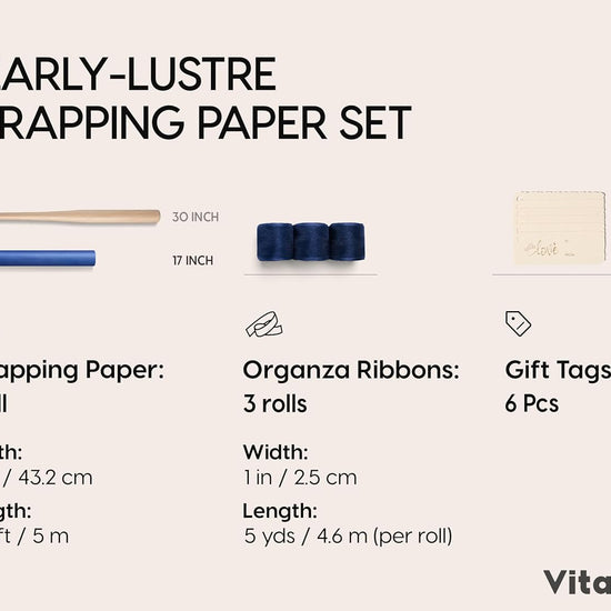 Vitalizart Pearly Wrapping Paper Set 17" × 197" w/ Satin Ribbon & Tags – Navy Blue - Vitalizart