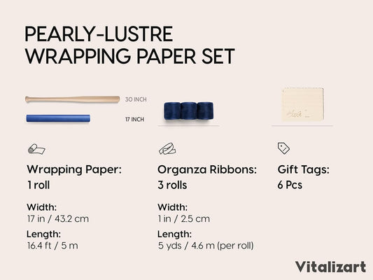 Vitalizart Pearly Wrapping Paper Set 17" × 197" w/ Satin Ribbon & Tags – Navy Blue - Vitalizart