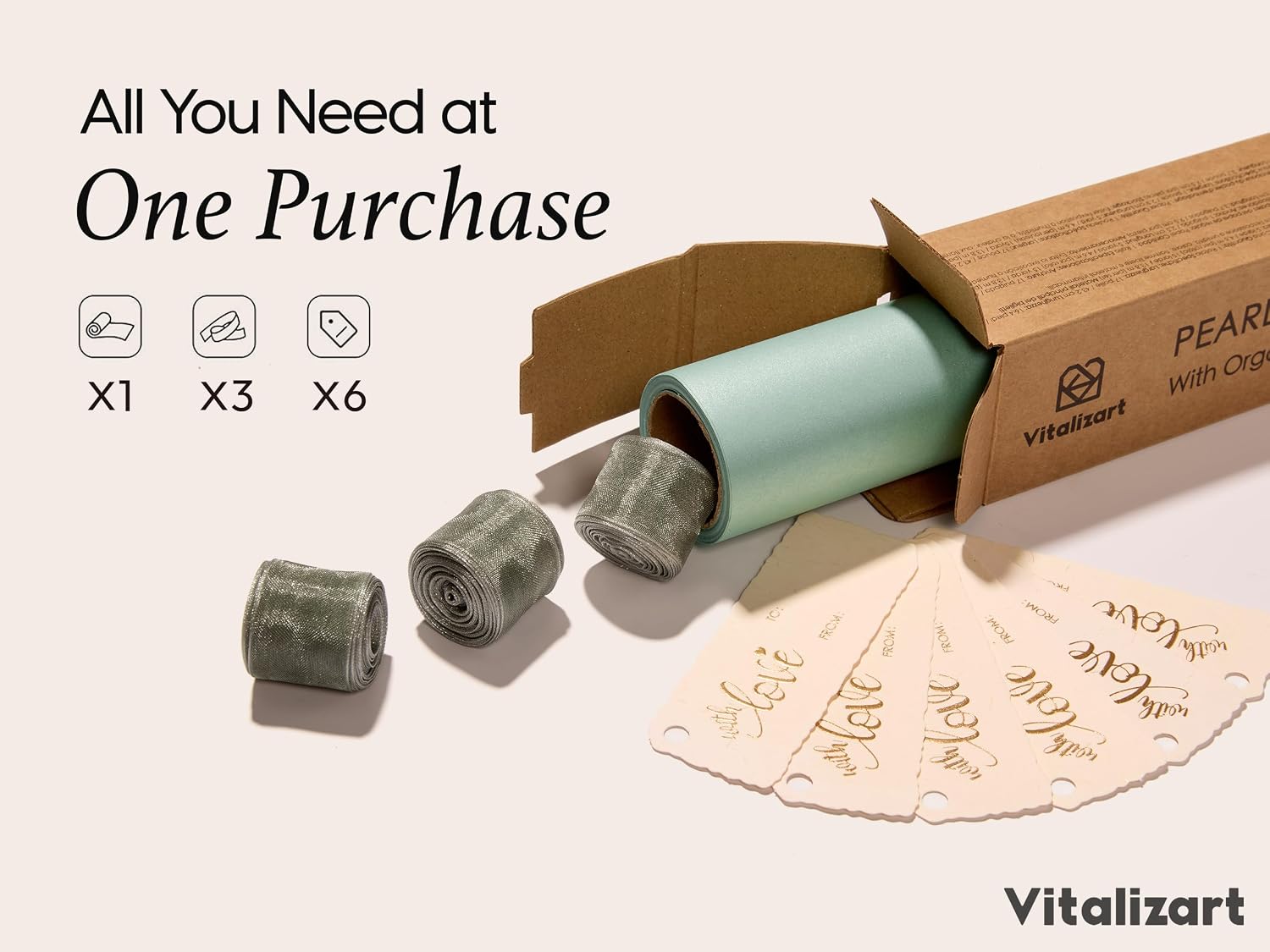Vitalizart Pearly Wrapping Paper Set 17" × 197" w/ Satin Ribbon & Tags – Sage Green - Vitalizart
