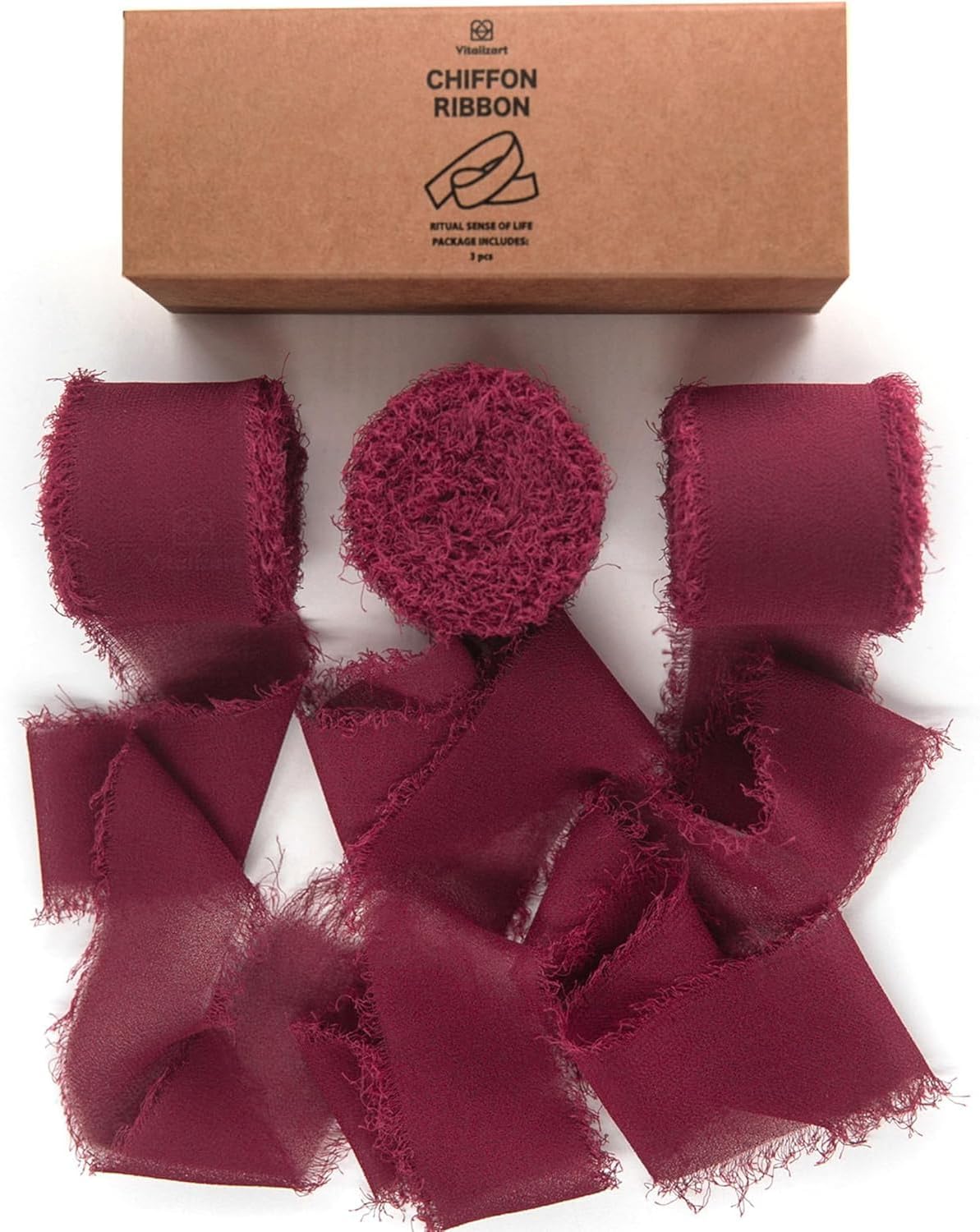 Fringe Chiffon Silk Ribbon 1 1/2 Inch x 21Yd (Burgundy & Red) - Vitalizart