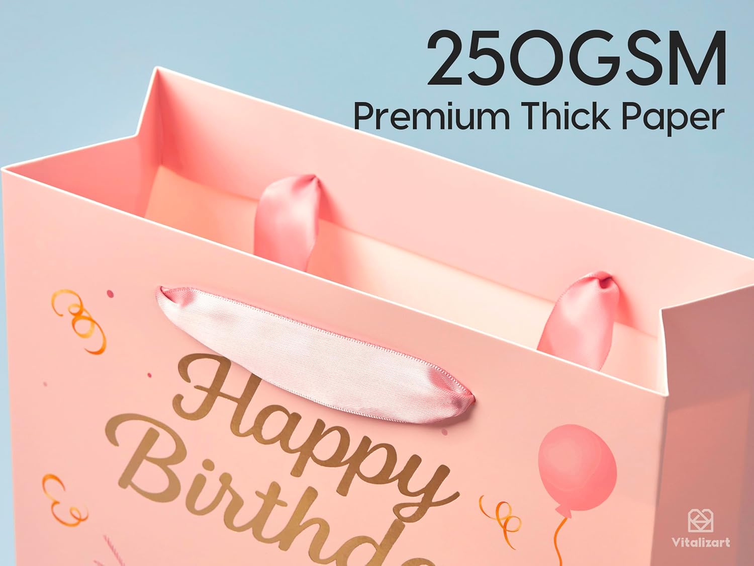 Vitalizart Birthday Paper Gift Bags w/ Ribbon Handles – Set of 2, （Pink, Kids Party Favors）