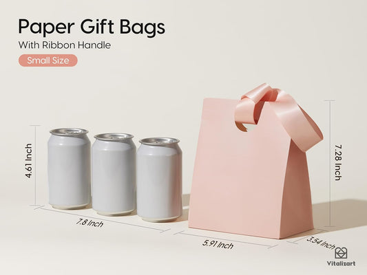 VITALIZART PAPER GIFT BAGS WITH RIBBON HANDLES SET OF 10 RED BULK REUSABLE FOR GIFT WRAP 5.91"X3.54"X7.28" SMALL (Pink COLOR)
