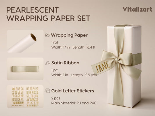 Vitalizart Pearlescent Holographic Wrapping Paper Set with Silky Satin Ribbon – White Paper & Sage RIbbons - Vitalizart