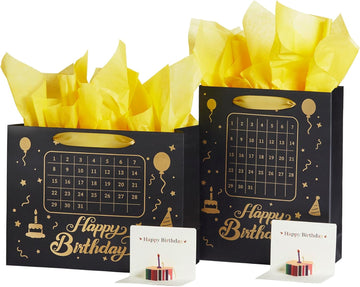 Vitalizart Birthday Paper Gift Bags w/ Ribbon Handles – Set of 2, （Black, Kids Party Favors）