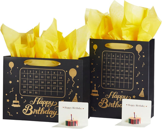 Vitalizart Birthday Paper Gift Bags w/ Ribbon Handles – Set of 2, （Black, Kids Party Favors）