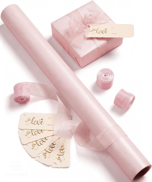 Vitalizart Pearly Wrapping Paper Set 17" × 197" w/ Satin Ribbon & Tags – Pink - Vitalizart