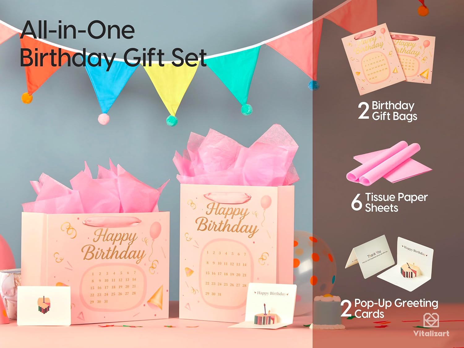 Vitalizart Birthday Paper Gift Bags With Ribbon Handles Set of 2 - Pop - Up Cards, Tissue Paper, Custom Calendar Design Pink Bags for Kids Birthday Party Favors Goodie Bags Girls Boys Shower（Pink, Kids Party Favors） - Vitalizart