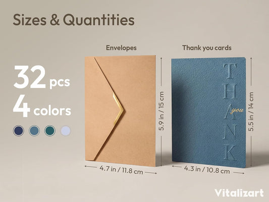 Vitalizart Thank You Cards With Envelopes 32 Pcs Thick Textured Cardstock - Vitalizart